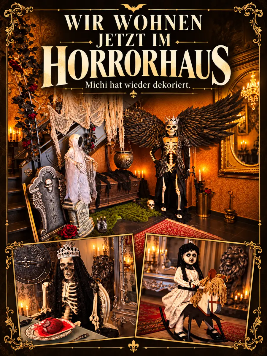 Halloween-Titelcollage im Hochformat mit Geistern, Skelett und Gruselpuppe