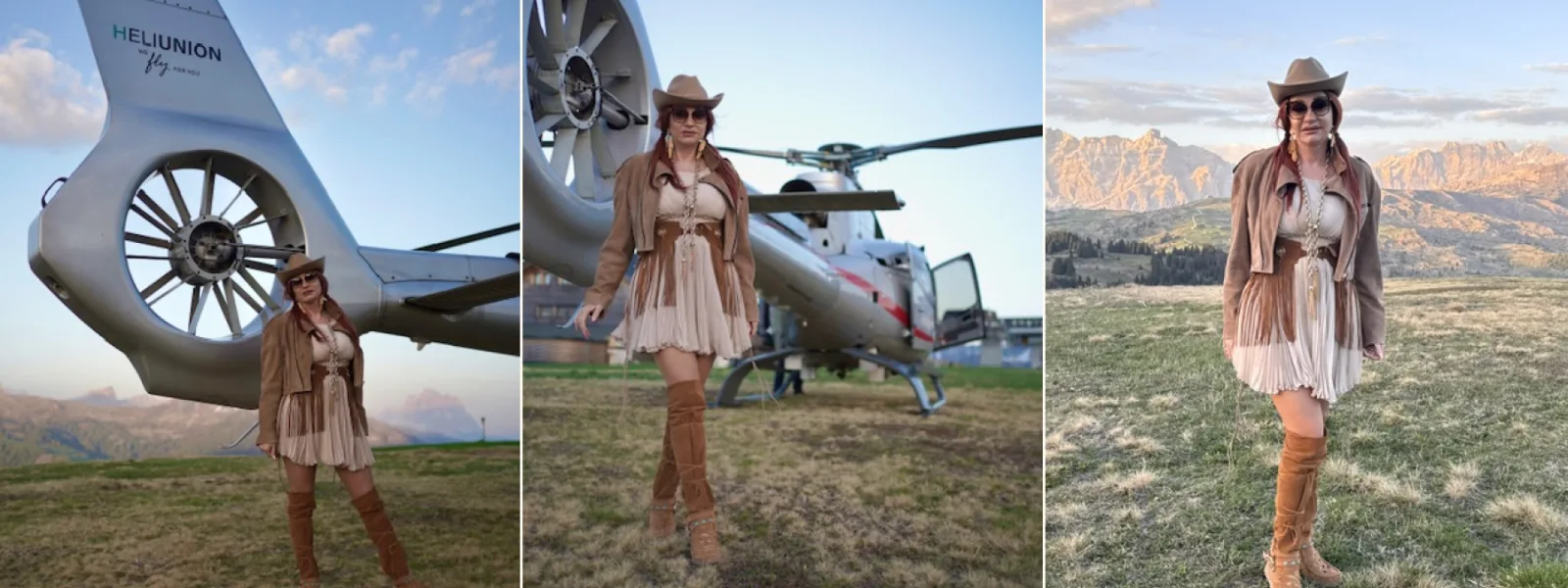 Dreiteiliger Aufmacher mit Michaela im El-Vaquero-Outfit vor Helikopter und Südtiroler Bergen