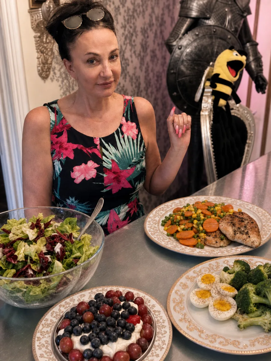 Michaela mit typischen Gerichten aus unserem Ernährungsalltag in der mobilen Hochformat-Collage