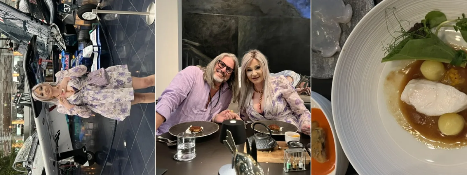Dreiteiliger Aufmacher mit Michaela im Hangar-7, Michaela und Silvio am Tisch sowie einem Gang des Menüs