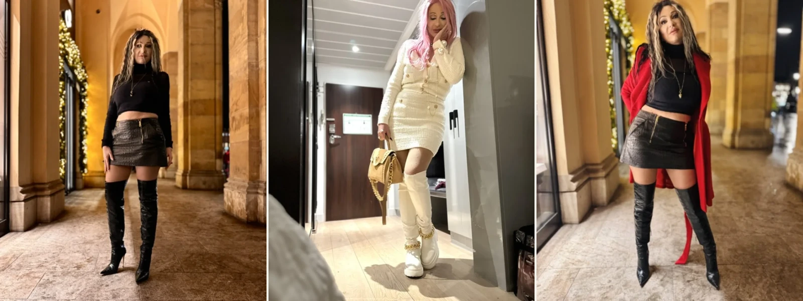 Michaela in drei unterschiedlichen Looks mit schwarzen und weißen Overknees