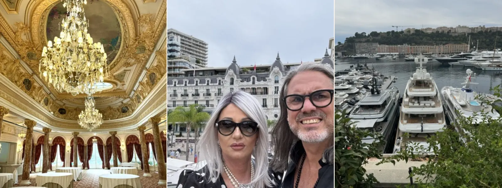 Dreiteiliger Aufmacher mit dem Hôtel Hermitage, Michaela und Silvio am Casino-Platz sowie dem Hafen von Monaco